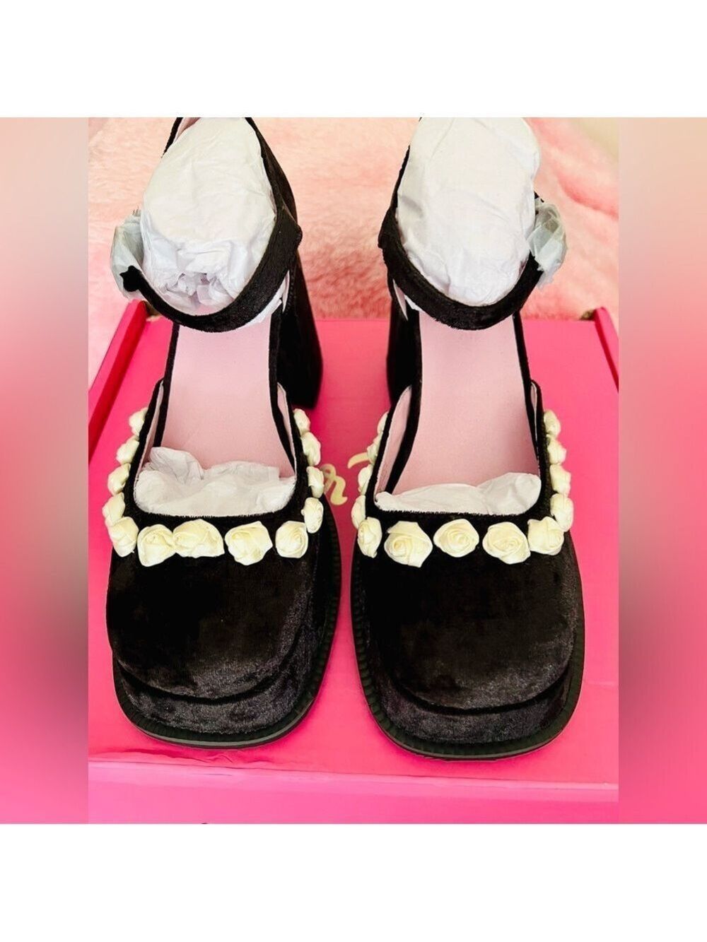 Sugar Thrillz Black Velvet Rose Platform Mary Janes - Picture 7 of 16